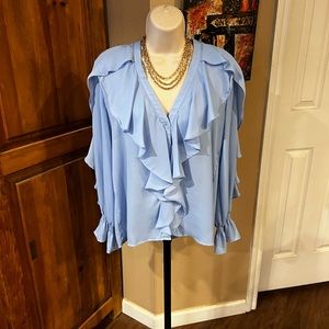 Zara light blue v neck button down blouse